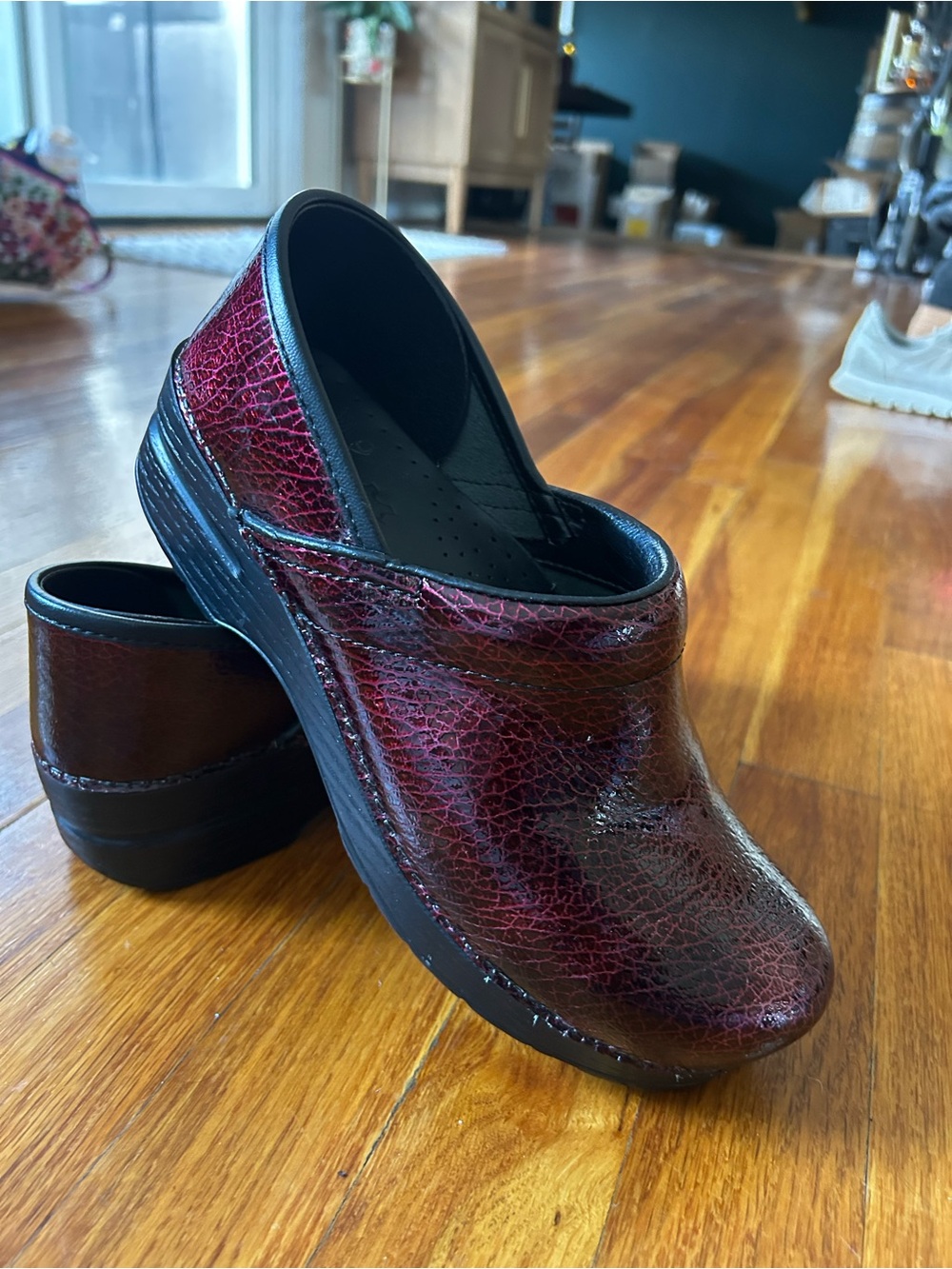 Dansko Burgundy Crackle Leather Clogs